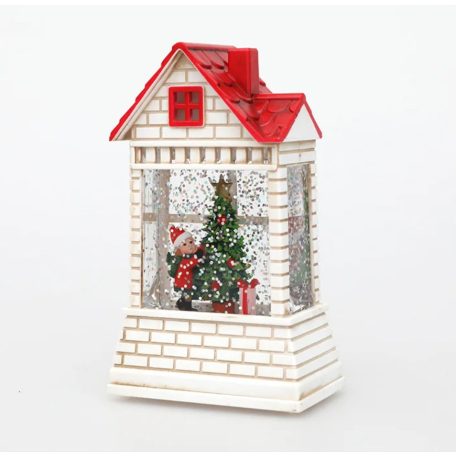 Mikulást és fenyőfát ábrázoló karácsonyi házikó amely világítós és mozgó hópelyhes